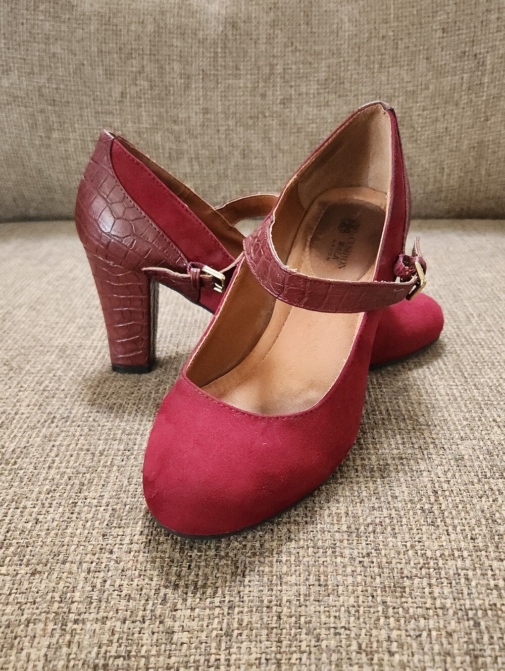 CUSHION WALK by Avon Women's Mary Jane Burgandy Suede Feel snakeskin Heel Pumps